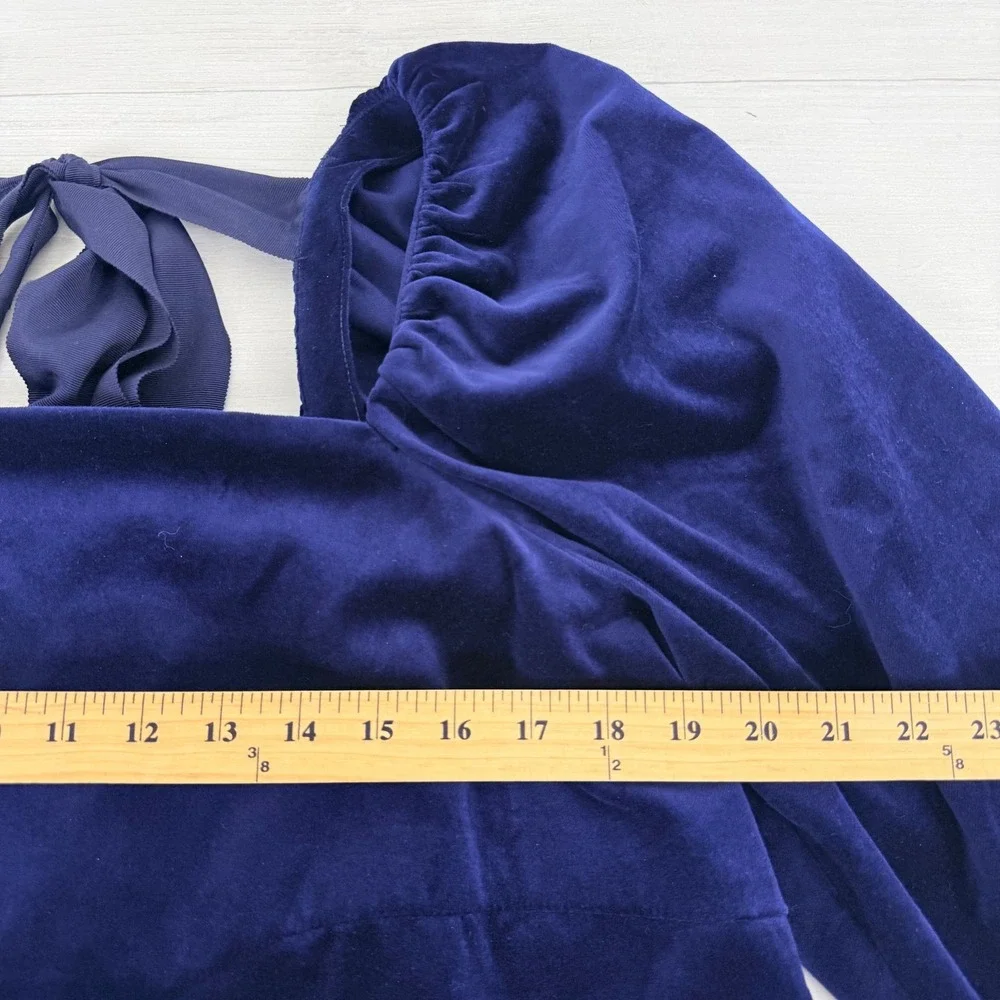 Banana Republic Velvet Top Womens L Navy Blue Puff Sleeve Bow Back Square Neck